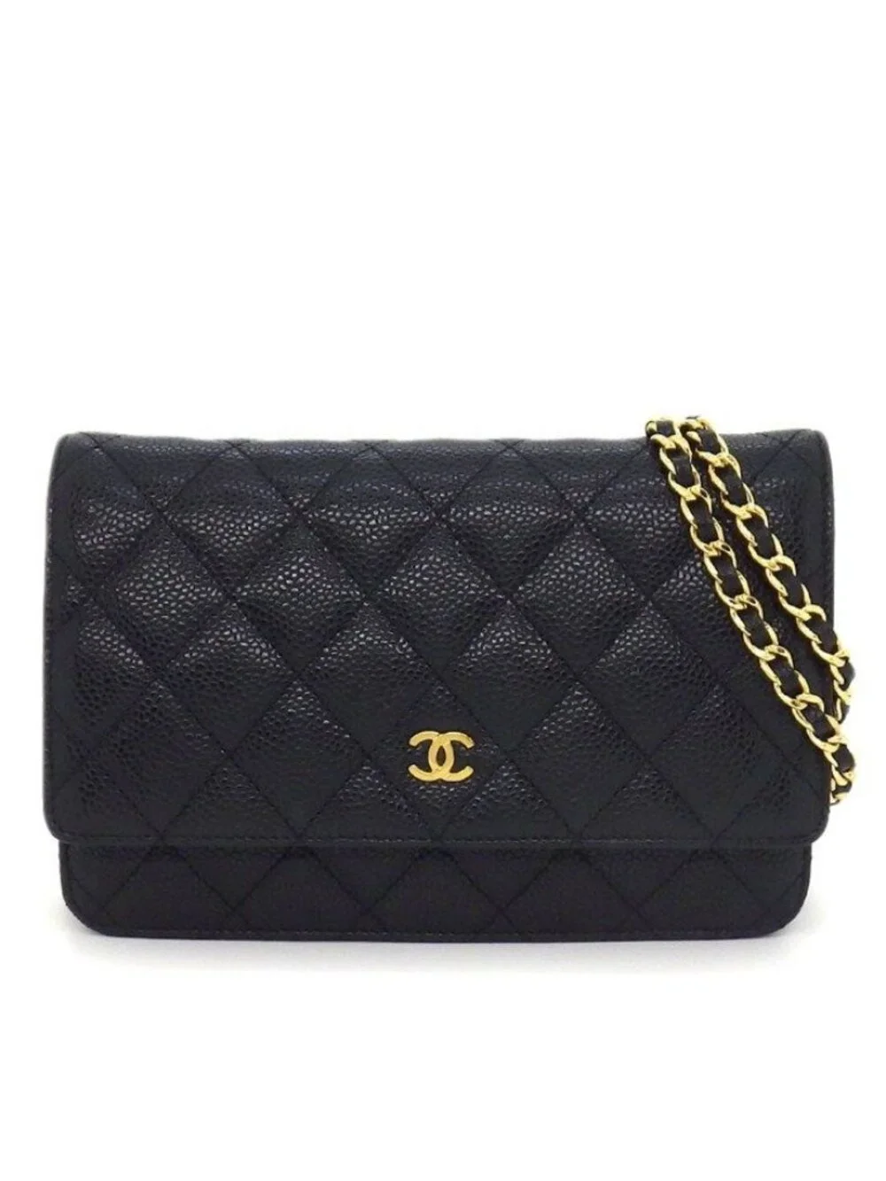 Chanel Shoulder Bag Quilted Classic Chain Wallet Black Caviar Leather Gold